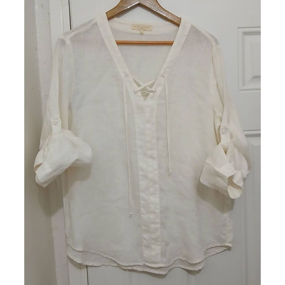 Side stitch los angeles womens medium tunic shirt tab sleeve ivory 100% linen